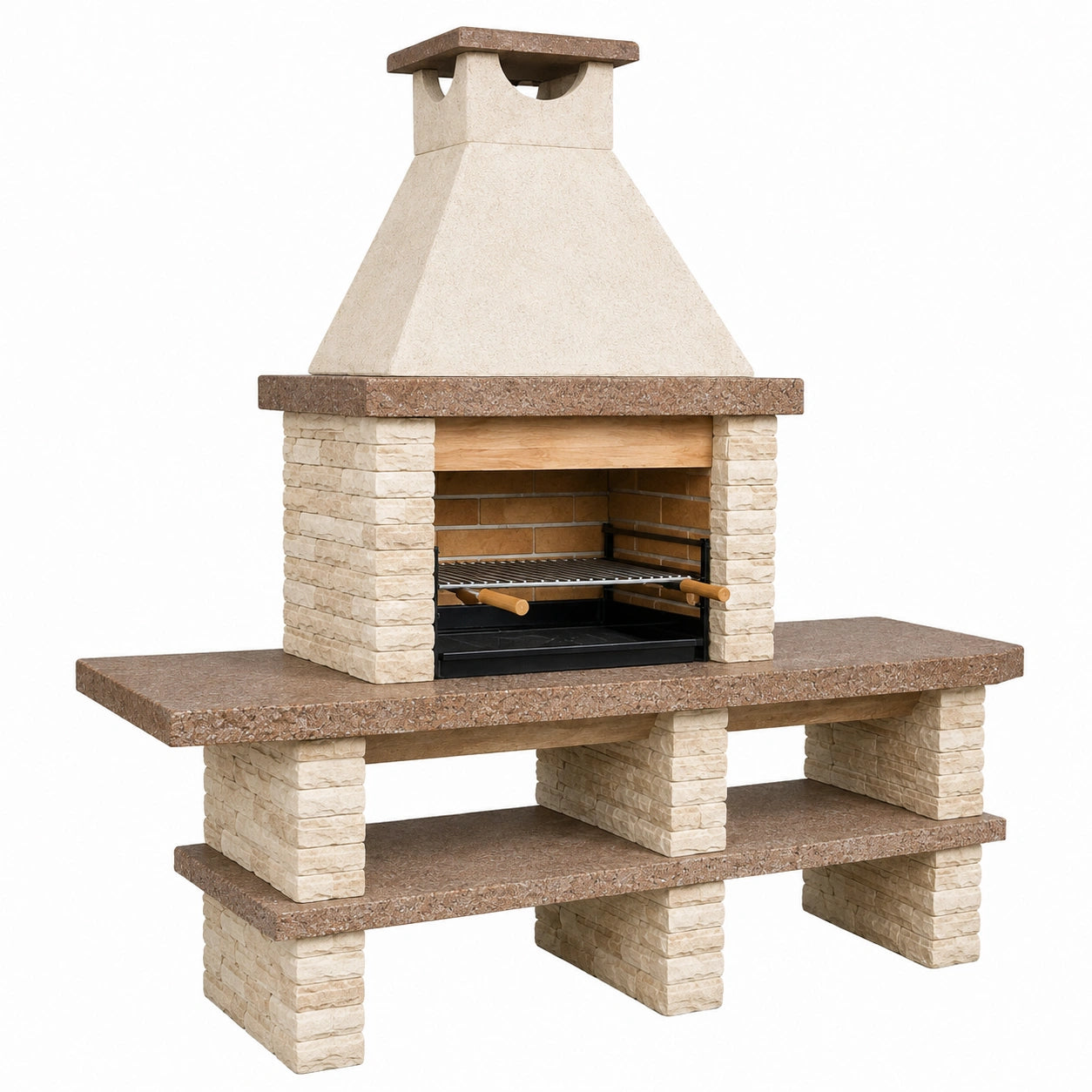 Barbecue de jardin 150 x 70 x 210 cm en pierre beige et marron avec gril style traditionnel