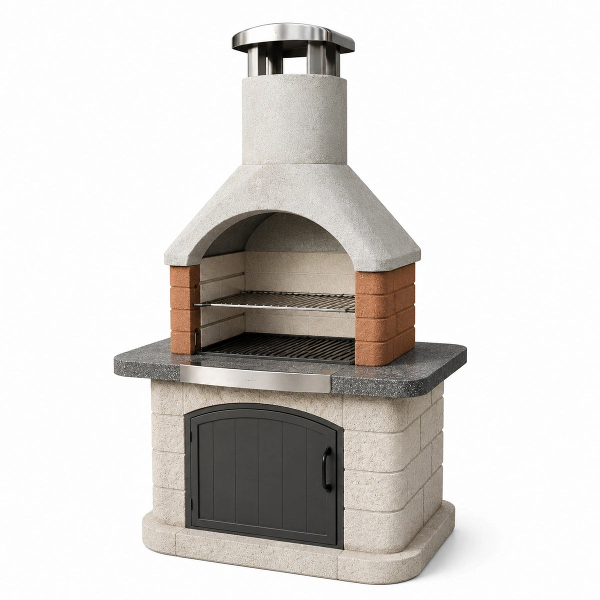 Barbecue de jardin 120 x 75 x 210 cm en pierre beige et acier inoxydable avec grilles style traditionnel