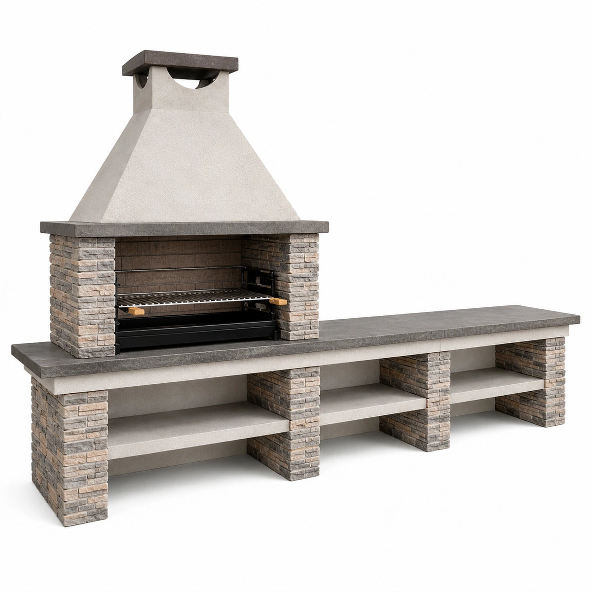 Barbecue de jardin 250 x 70 x 220 cm en pierre et béton gris avec plan de travail et grille réglable
