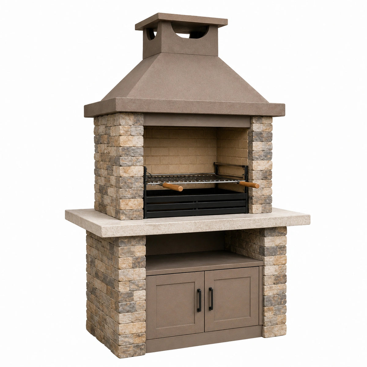 Barbecue extérieur 120 x 70 x 220 cm en pierre beige avec grille réglable et rangement