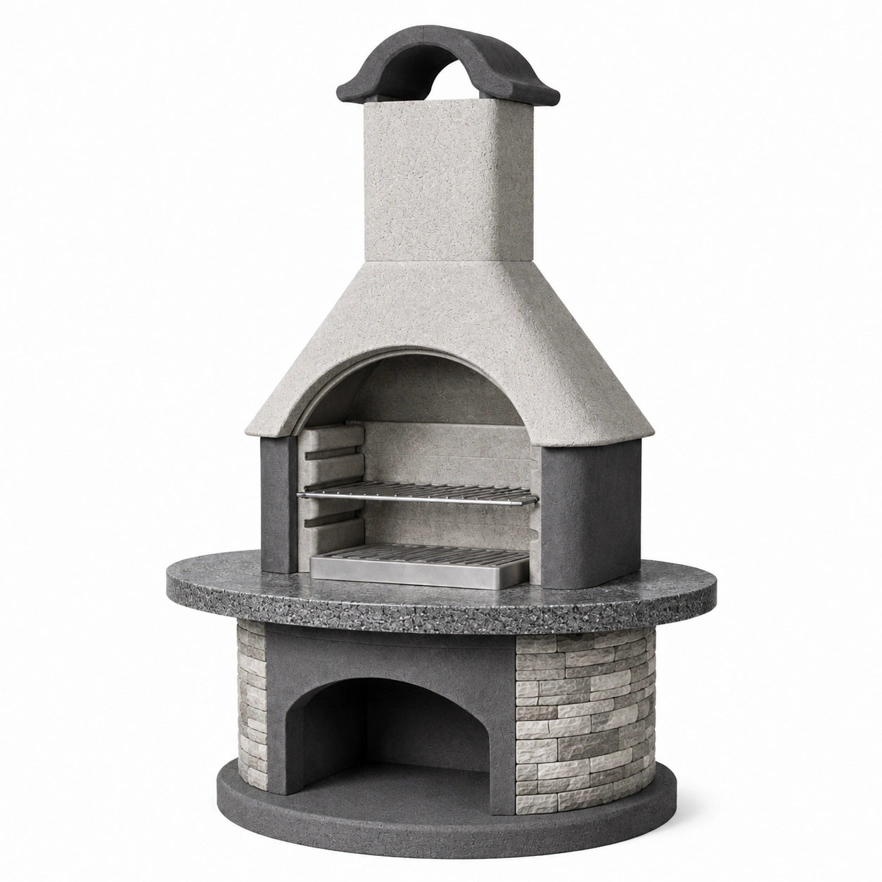 Barbecue de jardin diamètre 120 cm hauteur 220 cm en pierre grise avec grille et cheminée