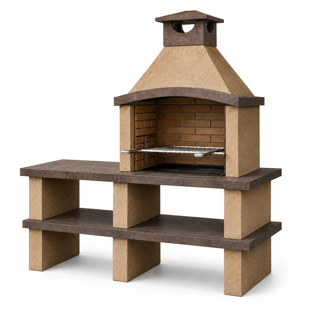 Barbecue de jardin 160 x 70 x 220 cm en pierre beige et brun avec grille en acier style rustique