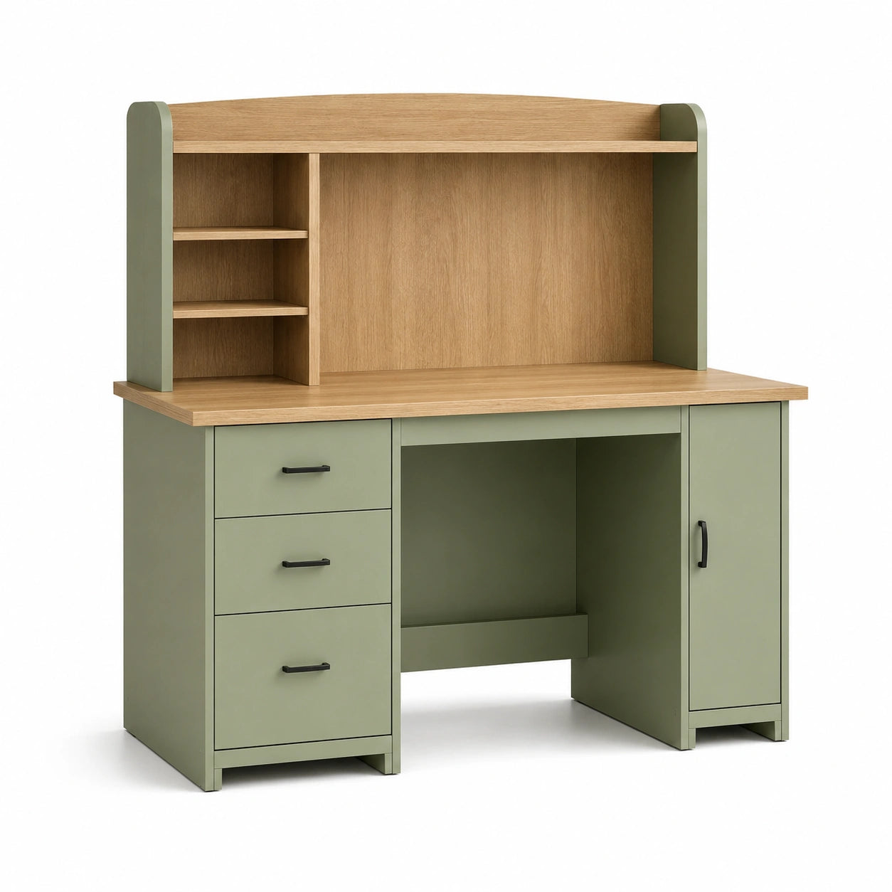Bureau avec rangement 120 x 60 cm en panneaux de bois vert sauge et décor chêne style contemporain