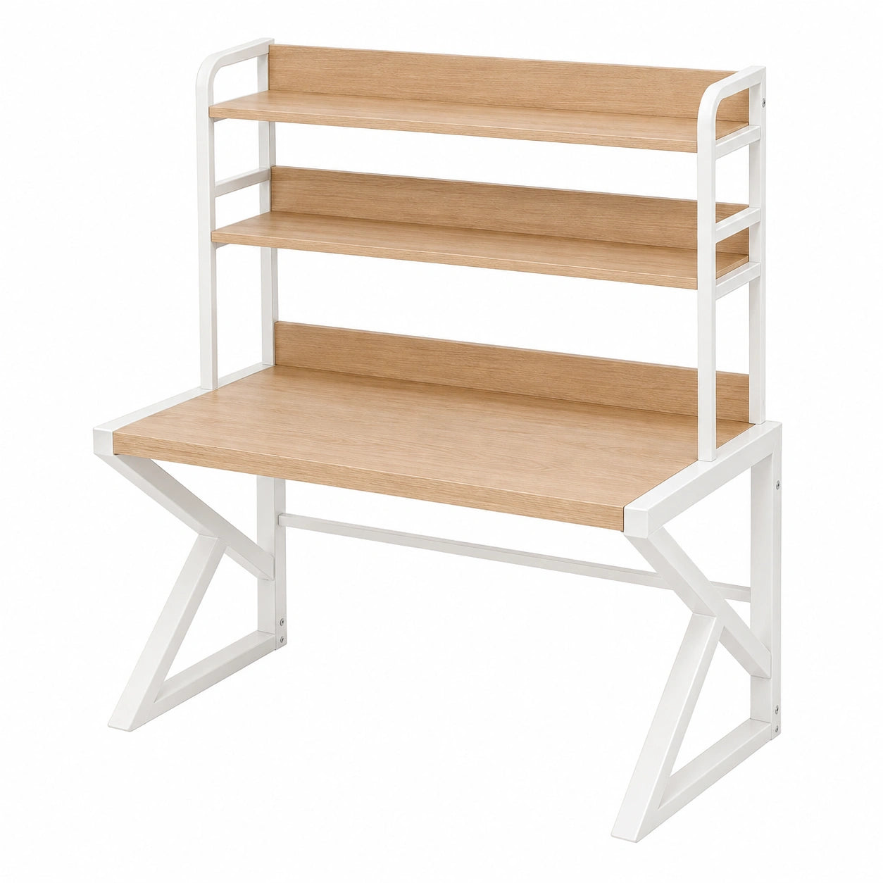 Bureau avec étagères 100 x 60 x 150 cm bois clair et métal blanc - rangement intégré