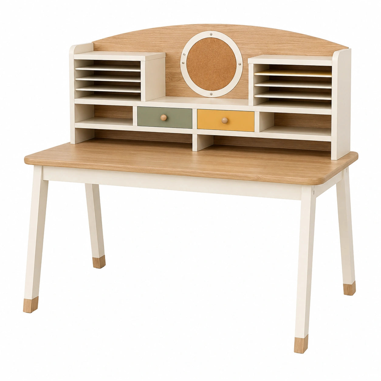 Bureau enfant 120 x 60 x 110 cm en panneaux de bois blanc bois naturel vert jaune avec rangements