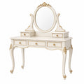 Coiffeuse 120 x 45 x 150 cm en bois blanc et doré avec miroir ovale et rangements classique