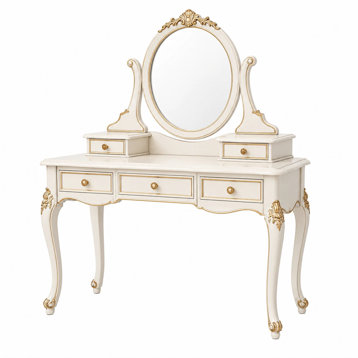 Coiffeuse 120 x 45 x 150 cm en bois blanc et doré avec miroir ovale et rangements classique