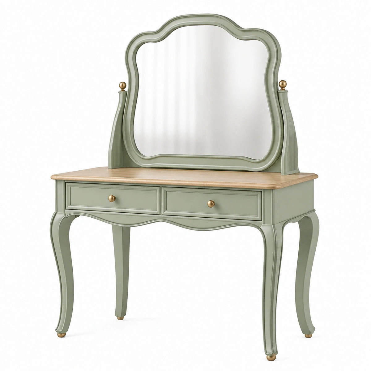 Coiffeuse 100 x 45 x 150 cm en bois vert sauge avec miroir et 2 tiroirs style classique