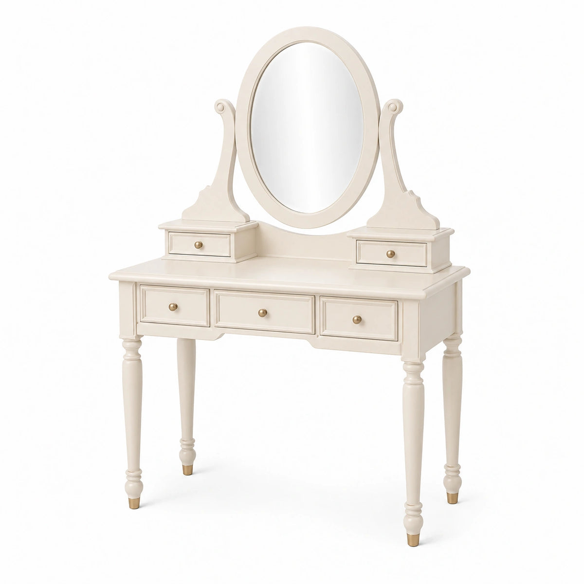 Coiffeuse 100 x 45 x 150 cm en bois blanc avec miroir ovale et 5 tiroirs style classique