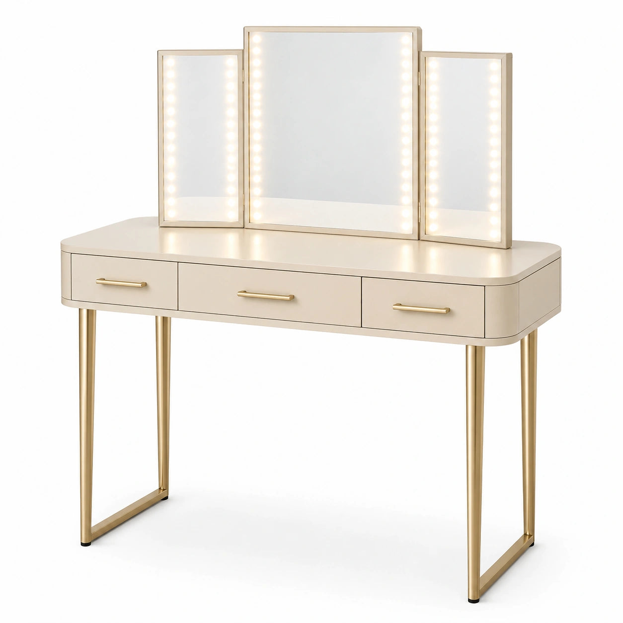 Coiffeuse 120 x 45 x 140 cm avec miroir triptyque éclairé crème et doré