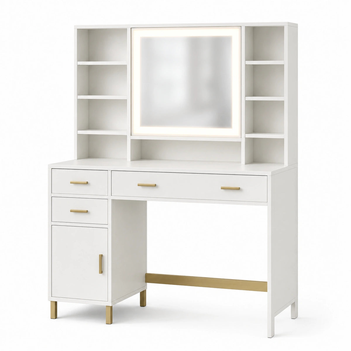 Coiffeuse 120 x 50 x 180 cm blanche en panneaux de bois avec miroir éclairé et rangements