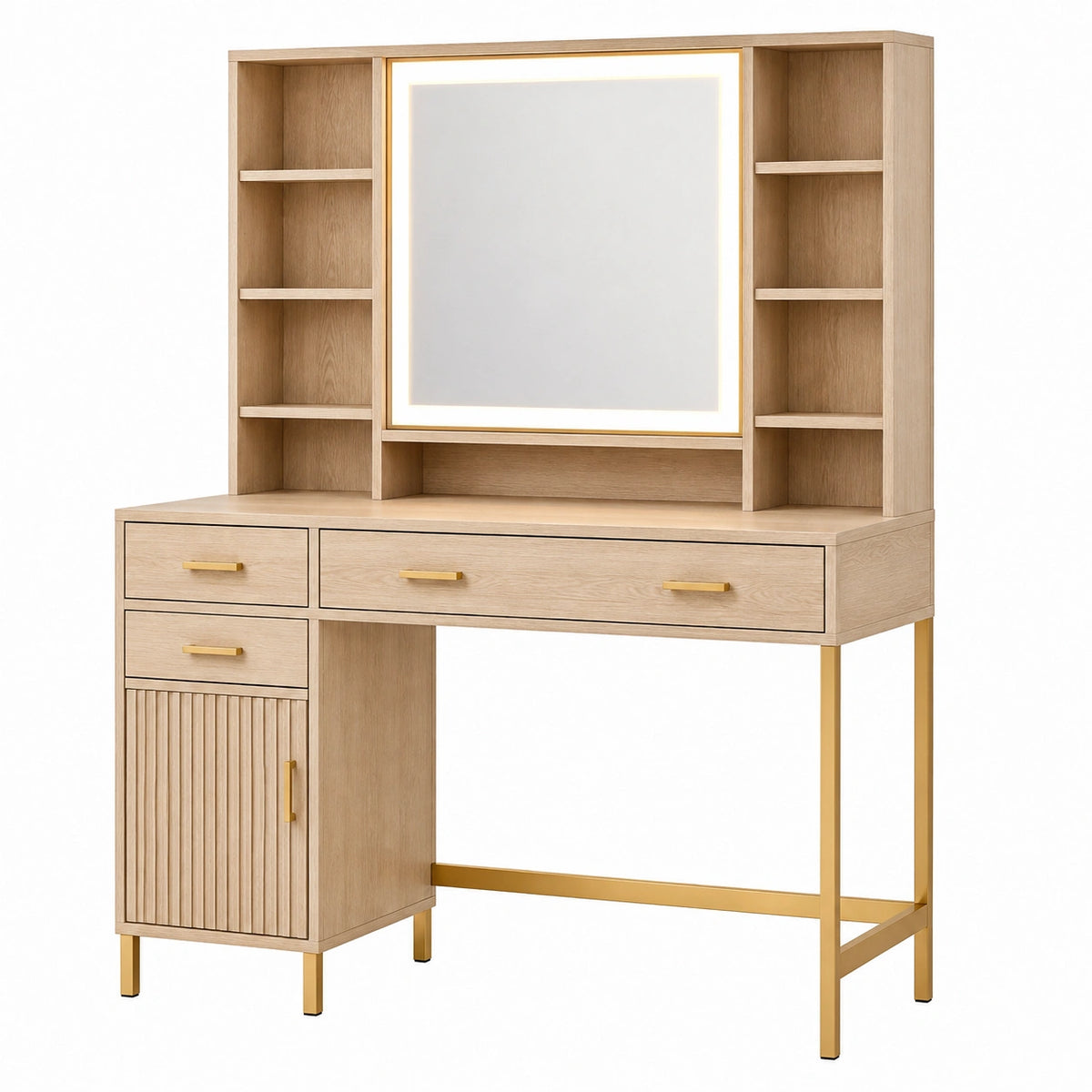 Coiffeuse 120 x 50 x 180 cm en bois chêne clair avec miroir lumineux et rangements style contemporain