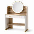 Coiffeuse 100 x 40 x 150 cm blanche et bois avec miroir rond et rangements