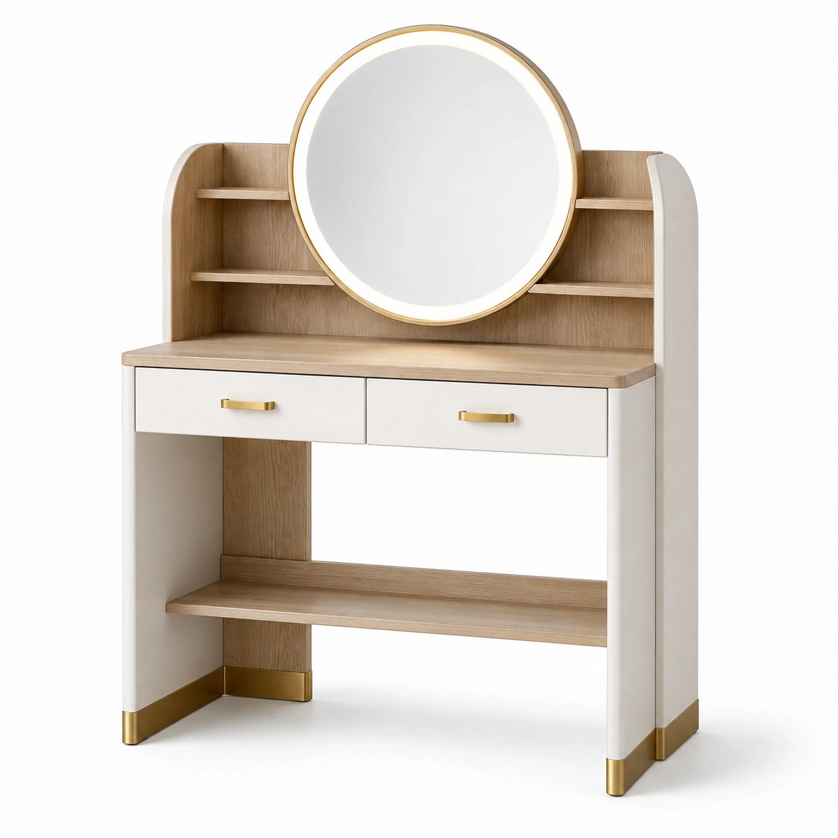 Coiffeuse 100 x 40 x 150 cm blanche et bois avec miroir rond et rangements