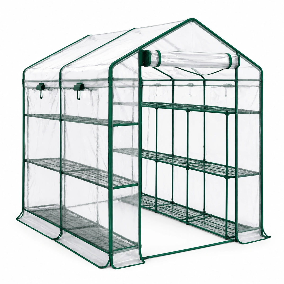 Serre de jardin 143 x 143 x 195 cm en acier et PVC transparent vert avec étagères