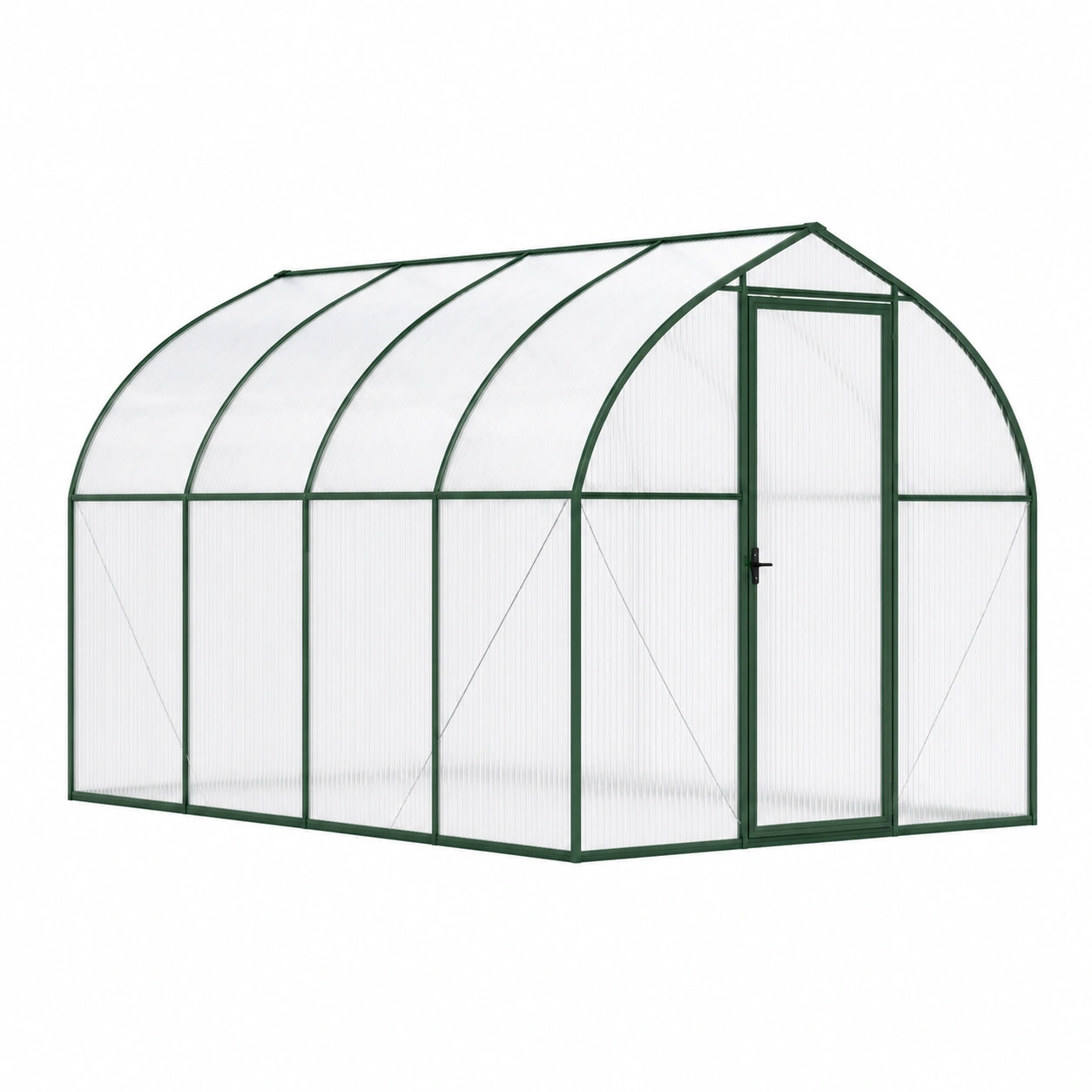 Serre de jardin 300 x 190 x 195 cm en aluminium vert et panneaux transparents - structure arquée avec porte