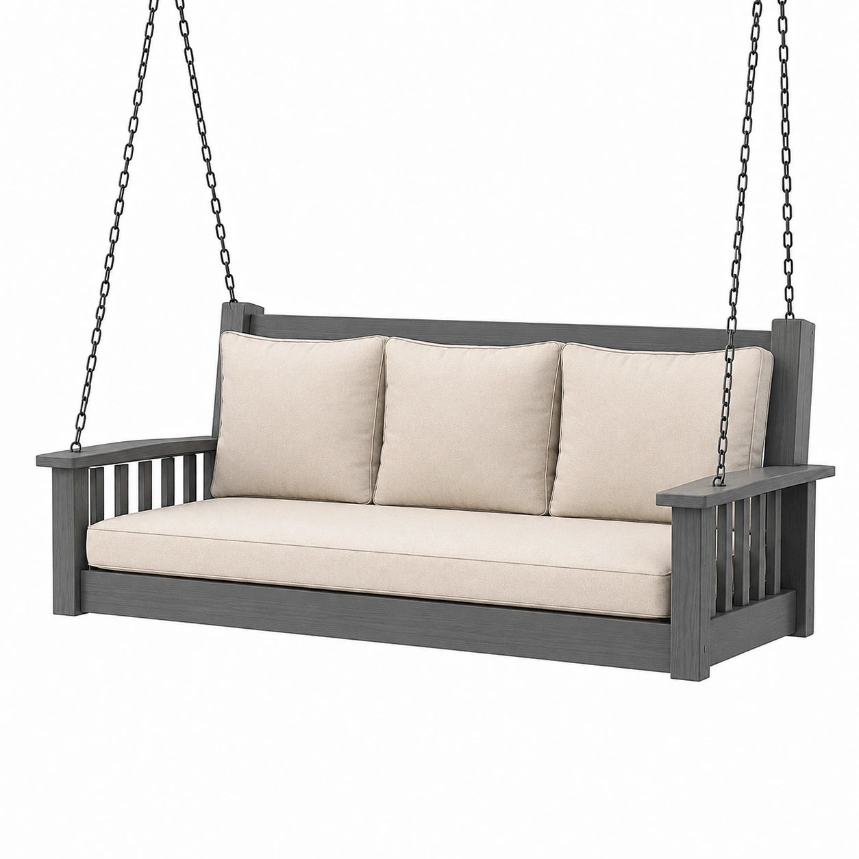 Balancelle de jardin 180 x 75 x 65 cm en bois gris et tissu beige - 3 places suspendue