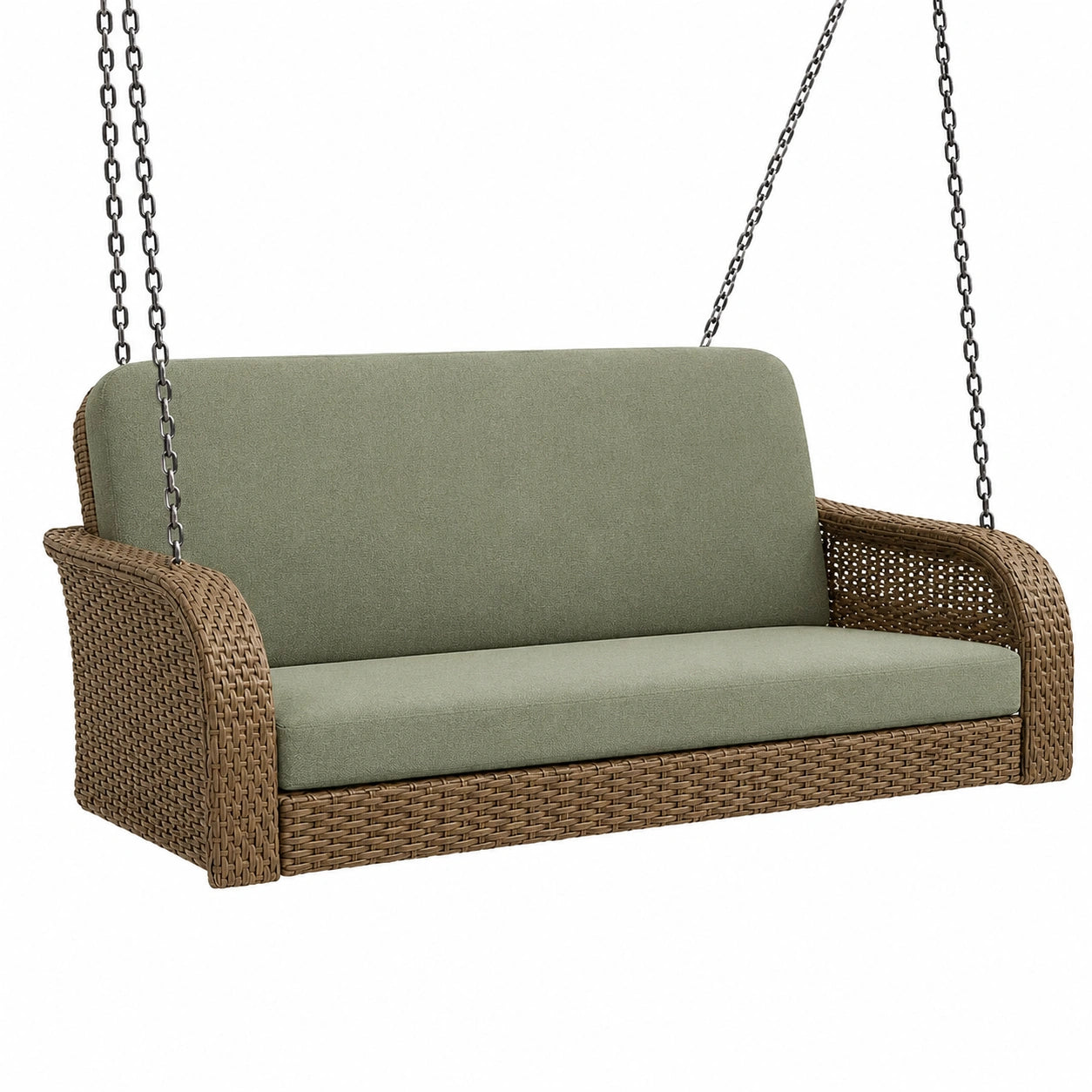 Banquette suspendue 130 x 70 x 65 cm en fibre tressée marron avec coussins vert sauge pour extérieur