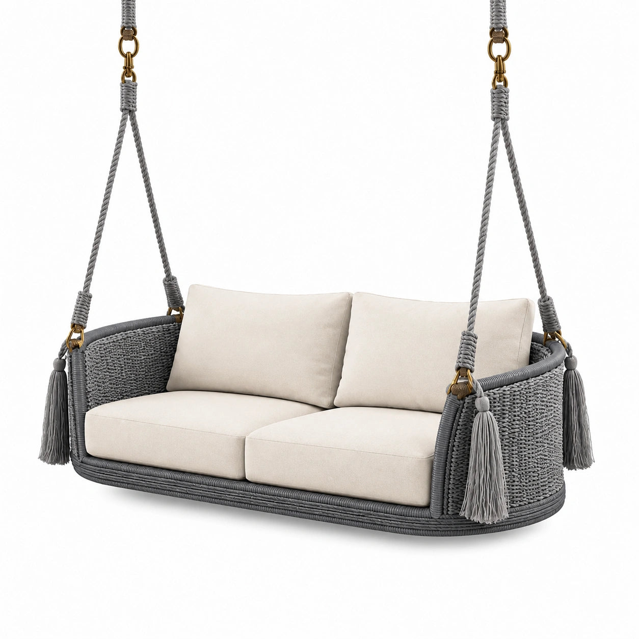 Balancelle suspendue 2 places 150 x 75 x 120 cm en corde grise et tissu beige style bohème